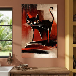 Mid Century Black Cat Stare - NicheCanvas