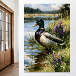 Solitary Mallard By The Still Shore - NicheCanvas
