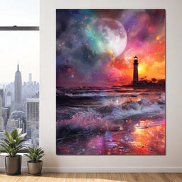 Celestial Lighthouse Tempest Waves - NicheCanvas