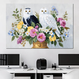 Snowy Owls Floral - NicheCanvas