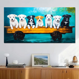 Puppy Parade on Wooden Wagon - NicheCanvas