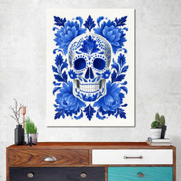 Blue Floral Sugar Skull Folkstyle - NicheCanvas