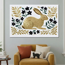 Golden Hare Botanical Folk Scene - NicheCanvas