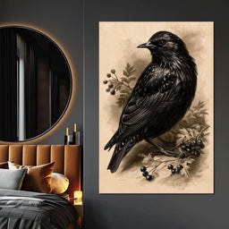 Solitary Starling Perched Upon Hawthorn Branch - NicheCanvas