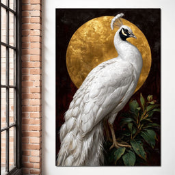 Golden Halo White Peacock Pose - NicheCanvas