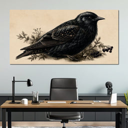 Solitary Starling Perched Upon Wild Berries - NicheCanvas