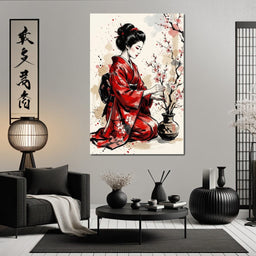 Japanese Woman with Cherry Blossoms - NicheCanvas