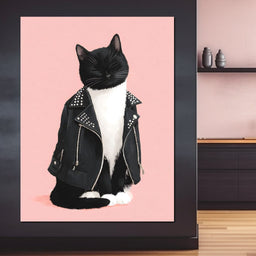 Biker Cat Attitude On Soft Pink - NicheCanvas