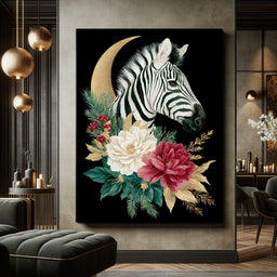 Moonlit Floral Gold Zebra - NicheCanvas