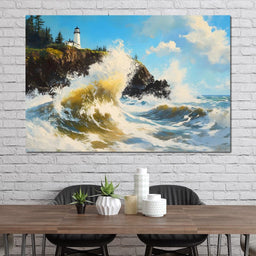 Towering Waves Against Lighthouse - NicheCanvas
