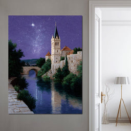 Starlit Abbey River Nightscape - NicheCanvas