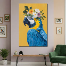 Floral Crown Blue Macaw Portrait - NicheCanvas