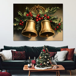 Golden Christmas Bells and Holly - NicheCanvas