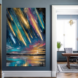 Golden Meteors Over Silent Lake - NicheCanvas