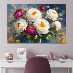 Golden Peonies on Blue Background - NicheCanvas