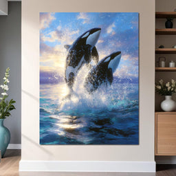 Breaching Orcas Dawn Ocean Dance - NicheCanvas