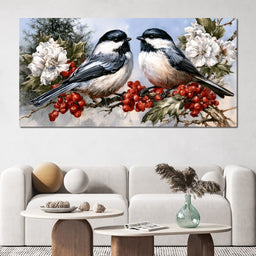 Two Chickadees Upon The Holly Branch - NicheCanvas