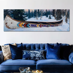 Painted Canoe Among Winter Pines - NicheCanvas