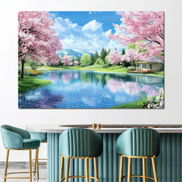 Cherry Blossom Lakeside Harmony - NicheCanvas