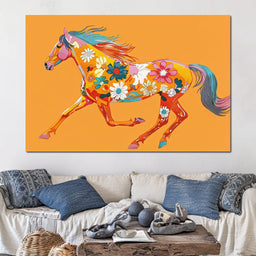 Blooming Horse on Tangerine - NicheCanvas