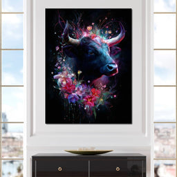Cosmic Floral Bull Radiance - NicheCanvas