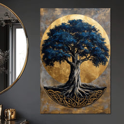 Golden Halo Blue Tree of Life - NicheCanvas