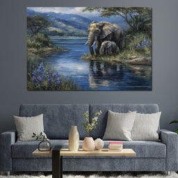 Elephant Family Riverbank Dream - NicheCanvas