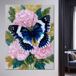 Blue Monarch on Pink Blossoms - NicheCanvas