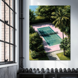 Palm Court Tennis Retreat Scene - NicheCanvas