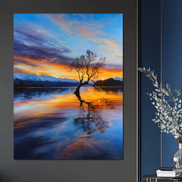Lone Willow Sunset Reflection - NicheCanvas
