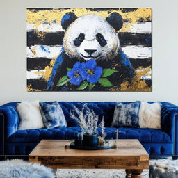 Golden Panda with Indigo Blooms - Alicia Smith - NicheCanvas