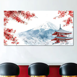 Cherry Blossoms and Snowbound Peaks - NicheCanvas