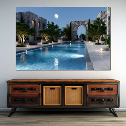 Moonlit Stone Courtyard Pool - NicheCanvas