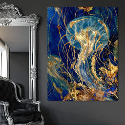 Golden Jellyfish Deep Blue Sea - NicheCanvas