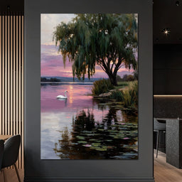 Swan Lake Sunset Willow Tree - NicheCanvas