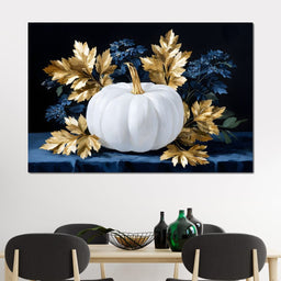 White Pumpkin And Golden Leaves - NicheCanvas
