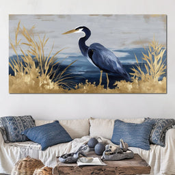 Coastal Heron Gold Reeds - NicheCanvas