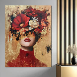 Gilded Red Floral Crown Portrait - NicheCanvas