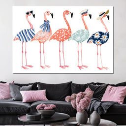 Four Stylish Flamingos on Summer Vacation - NicheCanvas