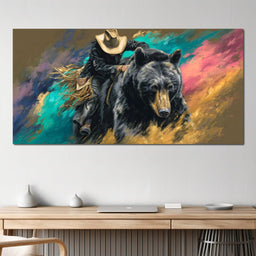 Cowboy Riding Wild Bear - NicheCanvas