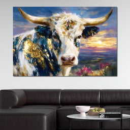 Golden Highland Cow Sunset - NicheCanvas
