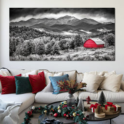 Red Barn in Monochrome Vista - NicheCanvas