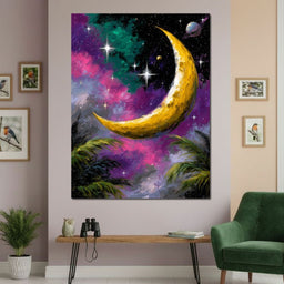 Golden Crescent Cosmic Nightscape - NicheCanvas