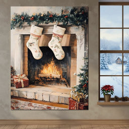 Christmas Gift Socks by the Fireplace - NicheCanvas