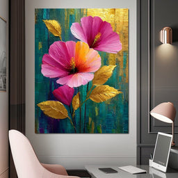 Teal Garden Golden Petals Flourish - NicheCanvas