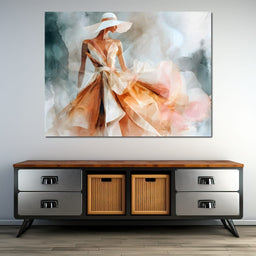 Sun Hat Lady in Peach Gown - NicheCanvas