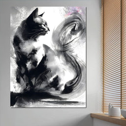 Sumi Ink Cat Reflecting Shadow - NicheCanvas