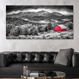 Red Barn in Monochrome Vista - NicheCanvas