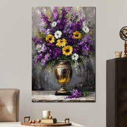 Golden Vase Violet Sunflowers - NicheCanvas