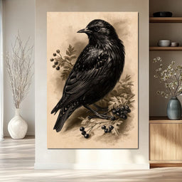Solitary Starling Perched Upon Hawthorn Branch - NicheCanvas